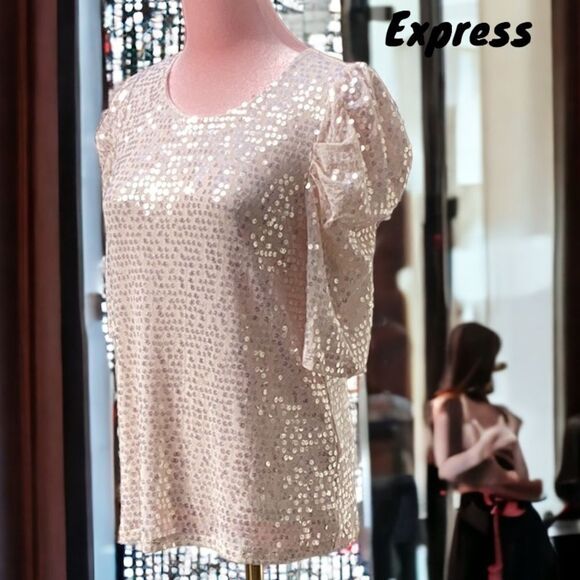 EXPRESS NWT WOMENS MEDIUM SEQUIN EMBELLISHED TOP BLOUSE RUFFLE SLEEVES - Picture 1 of 7